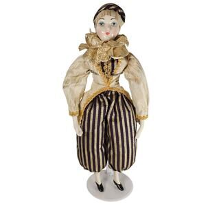 Porcelain Clown Doll 16" Pierrot Harlequin Gold Purple Striped Outfit Vintage